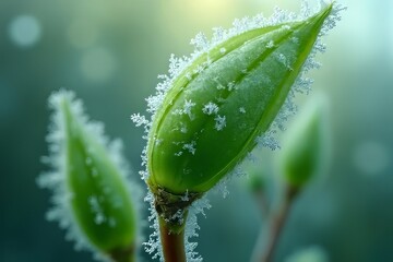 Frozen Bud Closeup, Delicate Frost on a Young Leaf