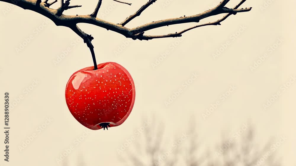 Poster red apple hangs from a bare branch against a light background in a tranquil setting