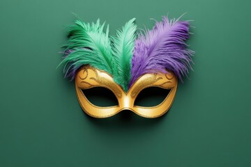 Colorful masquerade mask with feathers on green background for festive occasions and celebrations