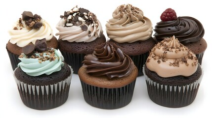 Assorted Chocolate and Vanilla Cupcakes with Creamy Frosting on a White Background