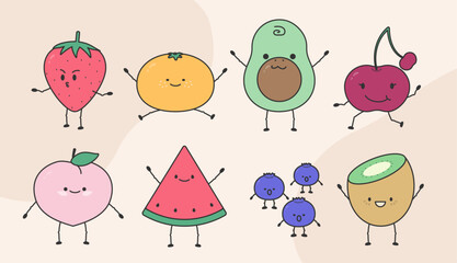 얼굴표정과 팔다리가 있는 귀여운 과일 캐릭터 묶음