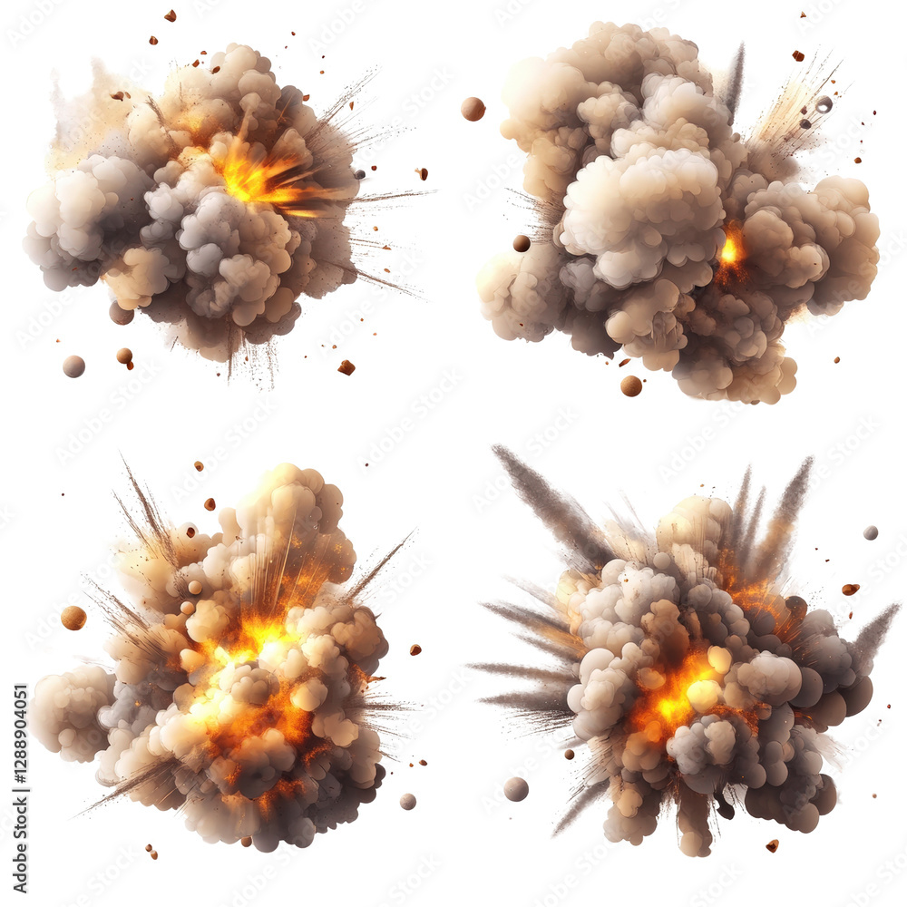 Poster set of explosions with smoke and fire creating dramatic visual effects in dark background isolated o
