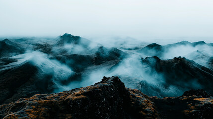 Obraz premium Early morning landscape. Foggy. River valley in the morning fog at sunrise. View from above. Rays of the sun breaking through the fog in over the trees. Athmosphere quite and calm