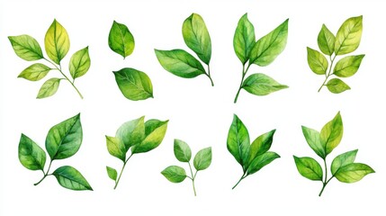 Watercolor Green Leaves Collection Botanical Illustration Spring Greenery Foliage Design Elements