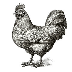 Trendy bird art, vintage wildlife print, hand-drawn chicken in engraving style, black sketch design. © Vintage Studio