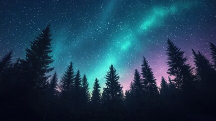 Fototapeta premium A stunning night sky showcases vibrant auroras above silhouetted evergreen trees, surrounded by a blanket of twinkling stars.