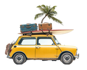 Isolated Yellow Car with Surfboard and Luggage on Roof
