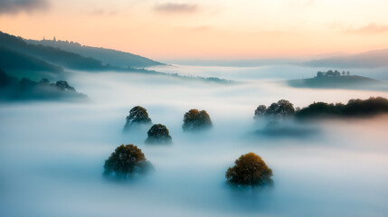 Fototapeta premium Early morning landscape. Foggy. River valley in the morning fog at sunrise. View from above. Rays of the sun breaking through the fog in over the trees. Athmosphere quite and calm