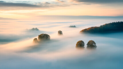 Early morning landscape. Foggy. River valley in the morning fog at sunrise. View from above. Rays of the sun breaking through the fog in over the trees. Athmosphere quite and calm