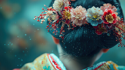 Close-up of a traditional Japanese Geisha hairstyle with intricate Kanzashi hair ornaments