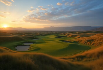  Aerial view of a golf course at sunset with rolling hills sand bunkers and a golden glow
