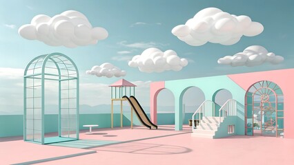 Illustration of a swimming pool in a summer landscape