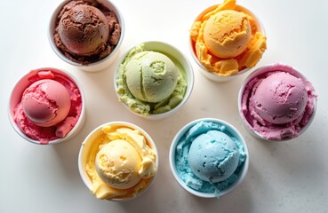 Obraz premium Overhead view of ice cream scoops assortment in white cups. Colorful gelato set of different flavor variations chocolate, lemon, vanilla, strawberry, almond and pistachio. Summer dessert.