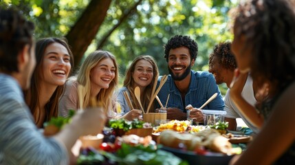 A group of diverse friends enjoying a sustainable beach picnic with reusable plates and eco-friendly food packaging, golden sunset in the background.