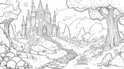 Fototapeta premium A magical land filled with imaginative creatures, coloring page for kids, simple outline illustration. coloring book, simple lines. Time-Warped Cathedral. Illustration