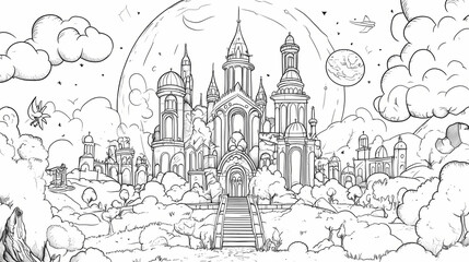 Obraz premium A magical land filled with imaginative creatures, coloring page for kids, simple outline illustration. coloring book, simple lines. Time-Warped Cathedral. Illustration