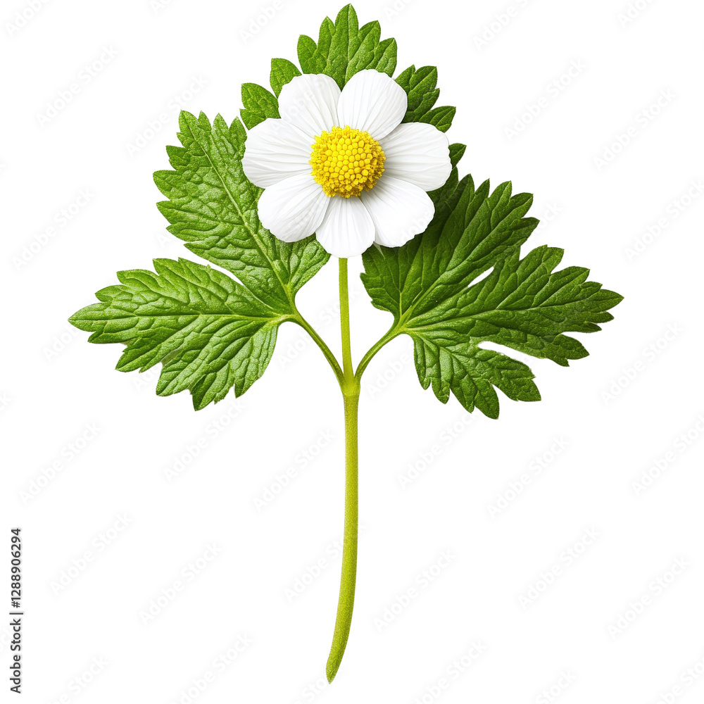 Poster close-up of a white flower with green leaves in a natural setting on a sunny day isolated on transpa