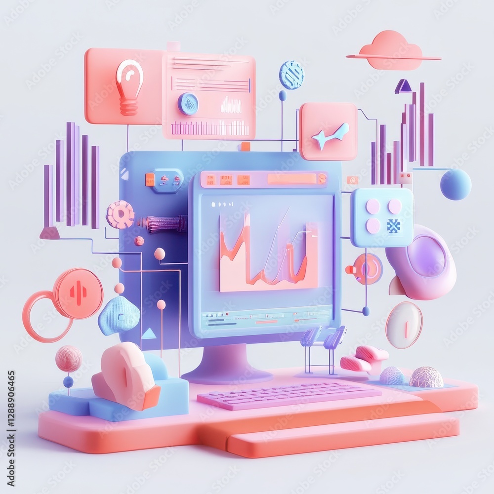 Poster a vibrant, 3d illustration of a computer displaying data graphs, surrounded by colorful icons and sh