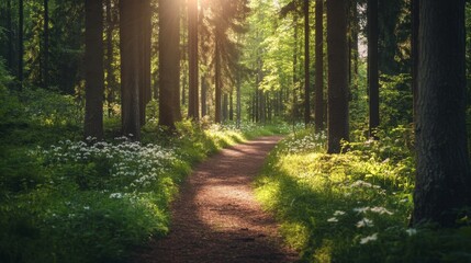 Fototapeta premium A serene forest path with sunlight filtering through tall trees, surrounded by lush greenery and wildflowers.
