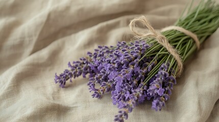 Fototapeta premium Lavender Bouquet Tied with String on Soft Neutral Fabric Still Life