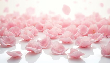 Fototapeta premium Set of rose petals on transparent background. Pink flower petals for Valentine Day, wedding decor woman day greeting card. Floral arrangement, romantic design element. Spring, summer freshness,