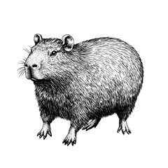 Old engraving style with hand-drawn capybara, black sketch effect, animal print, vintage art, trendy illustration, white background.