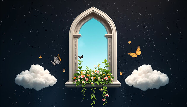 a window with flowers and butterflies