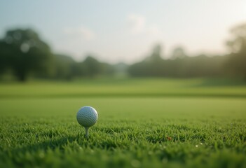  Golf ball on tee with a scenic view of trees and a hazy horizon
