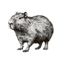 Vintage art of hand-drawn capybara, black sketch effect, animal print, trendy illustration, old engraving style, white background.