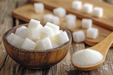 Wooden bowl of sugar cubes on rustic table