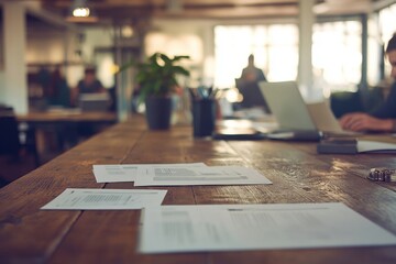 Modern office workspace with documents on wooden table in sunlit open plan setting