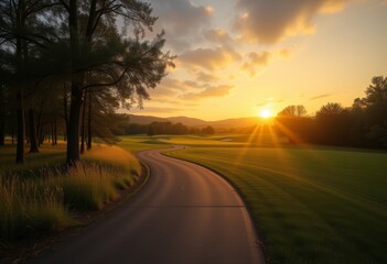  Pathway winding through golf course at sunrise with sun casting long shadows and warm light