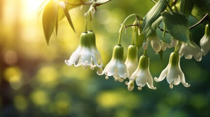 Delicate white and green bells flowers hang from a branch, illuminated by warm sunlight, creating a serene natural scene