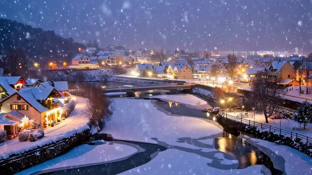 A picturesque village blanketed in snow glows under warm evening lights, creating a cozy and magical winter night scene.