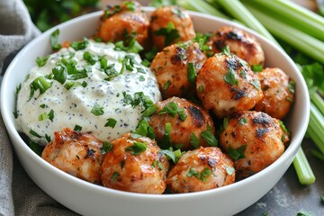 Fototapeta premium Spicy buffalo wings with tangy sauce served restaurant kitchen food photography cozy dining room close-up flavorful experience