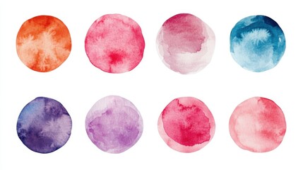 Eight Colorful Watercolor Circles Abstract Design Elements for Backgrounds or Textures