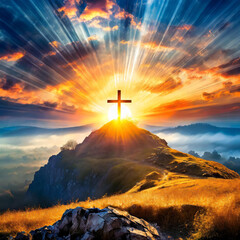 A breathtaking AI-generated Easter image featuring a radiant golden sunrise illuminating a majestic mountain peak, crowned by a glowing cross. The dramatic sky bursts with orange, blue, and fiery yell
