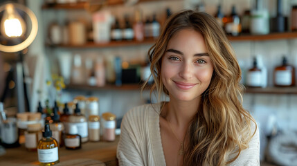 Portrait of a young woman in a natural cosmetics shop.