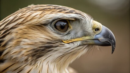 Fototapeta premium Intense Gaze of a Majestic Bird of Prey: Close-up headshot of a magnificent hawk, its keen eyes fixed, embodying power and focus. This portrait captures the essence of wild.