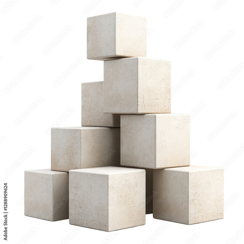 Poster stack of white geometric cubes on a solid black background for abstract design and minimalism concep