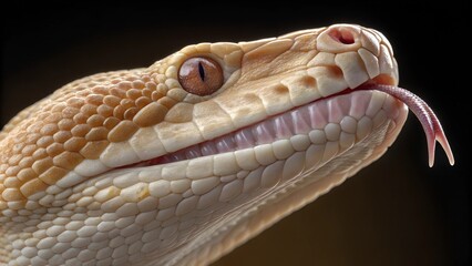 Fototapeta premium Snake's Subtle Gaze: A captivating close-up of a snake, showcasing intricate scale patterns, piercing eyes, and a flicking tongue, against a contrasting dark backdrop.