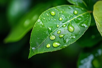 Fototapeta premium Close-up of fresh green leaf with water droplets in lush garden environment
