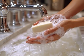 Fototapeta premium Woman washing hands with soap under running water in a clean bathroom