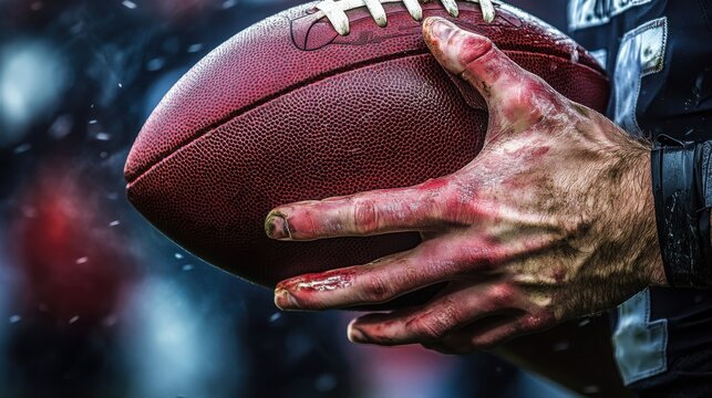 A quarterbacks strong hand gripping the football, veins visible as he prepares to throw with perfect form