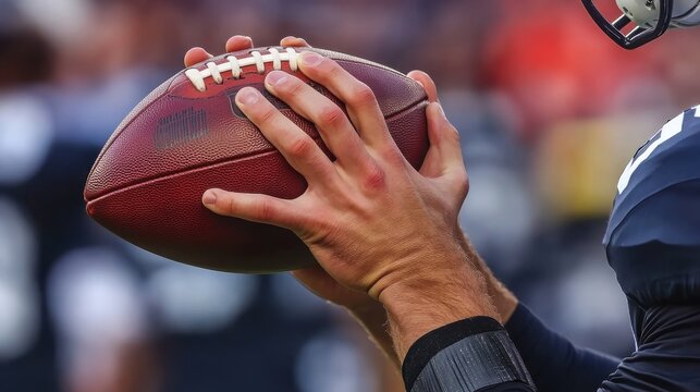 A quarterbacks strong hand gripping the football, veins visible as he prepares to throw with perfect form