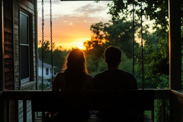 Silhouette of young caucasian couple relaxing on porch swing at sunset