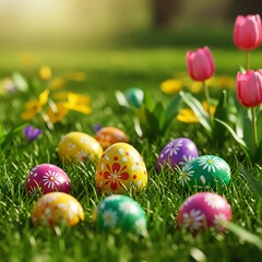 Colorful Easter eggs hidden in a spring garden, surrounded by grass and flowers. The right side is left for text, perfect for holiday banners and festive promotions.