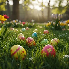 Fototapeta premium Colorful Easter eggs hidden in a spring garden, surrounded by grass and flowers. The right side is left for text, perfect for holiday banners and festive promotions.