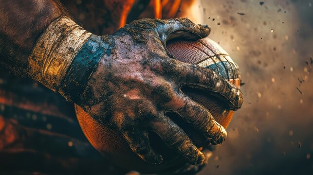 A detailed shot of a player's muscular arm wrapped in a sweatband, gripping the ball tightly