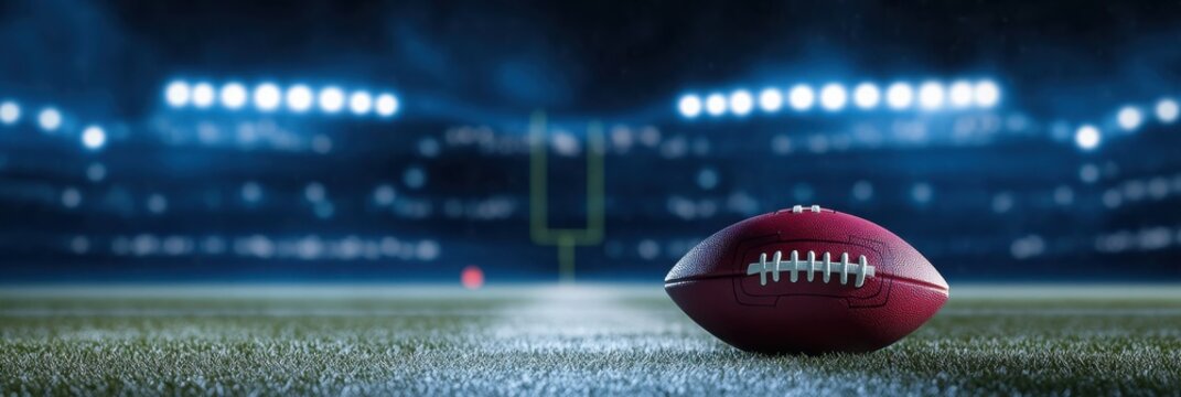 A football sitting in the end zone, with the goalpost towering in the background under bright stadium lights